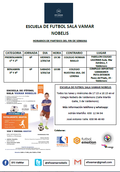 Horario de la Jornada 6 de EFS Vamar Nobelis