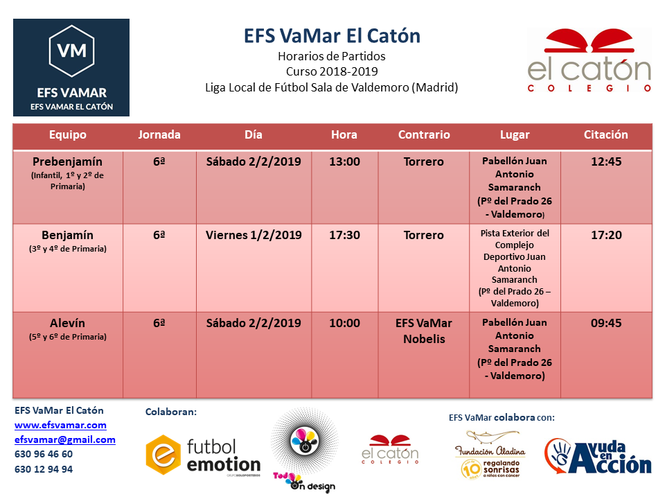 Horarios de los partidos de la Jornada 6ª de la Liga Local de Fútbol Sala de Valdemoro.