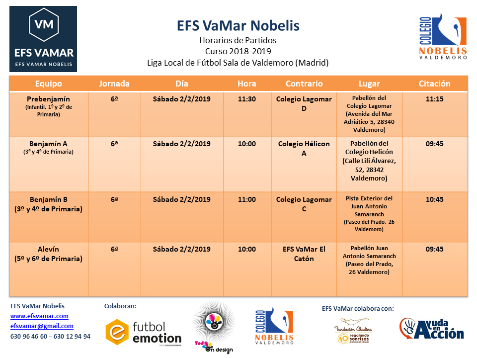 Horarios de los partidos de la Jornada 6ª de la Liga Local de Fútbol Sala de Valdemoro.