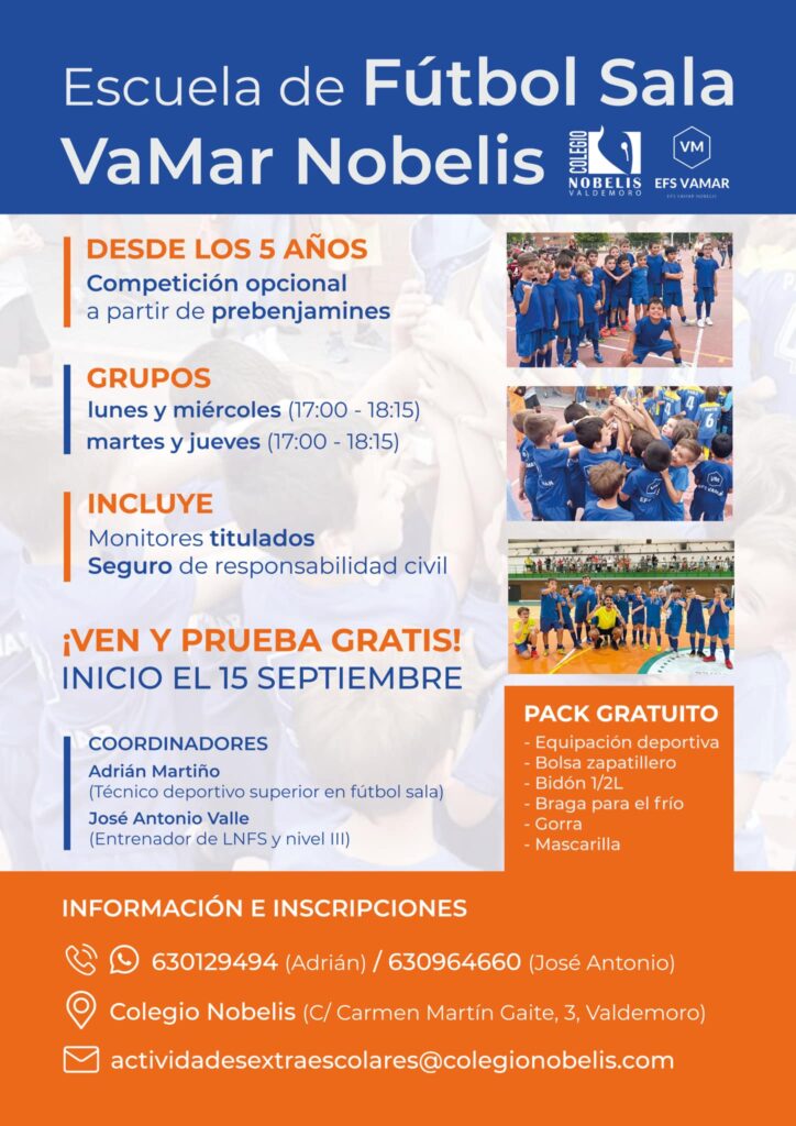 Plazas Disponibles en la Escuela de Fútbol Sala VaMar en el Colegio Nobelis y en el Colegio El Catón